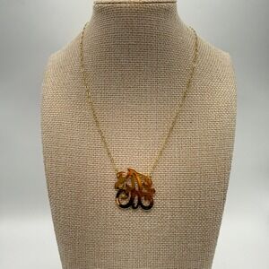 Gold Tone Necklace "A" Tortoise Shell Script Monogram Initial Jewelry